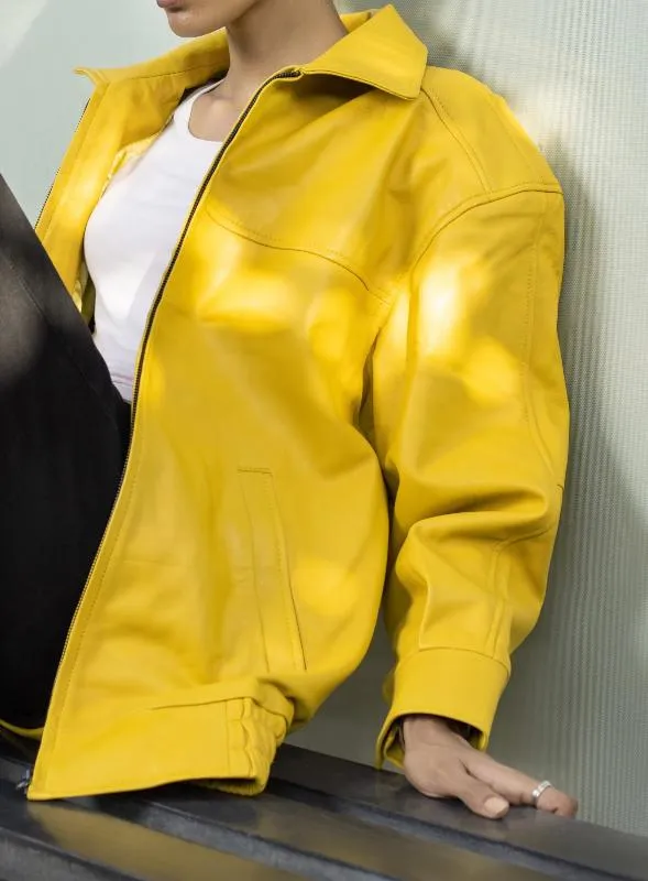 Womens Oversized Yellow Leather Jacket
