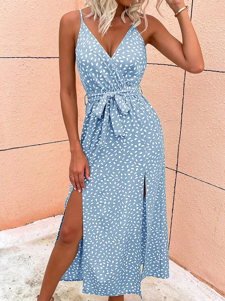 Womens Summer Floral Print Side Split Elegant V-Neck Sleeveless Dress